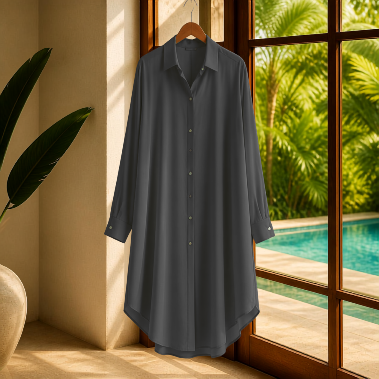 Elegant Matching Kaftan Sheer Blouse Set - Black with Pleated Pants with Pockets