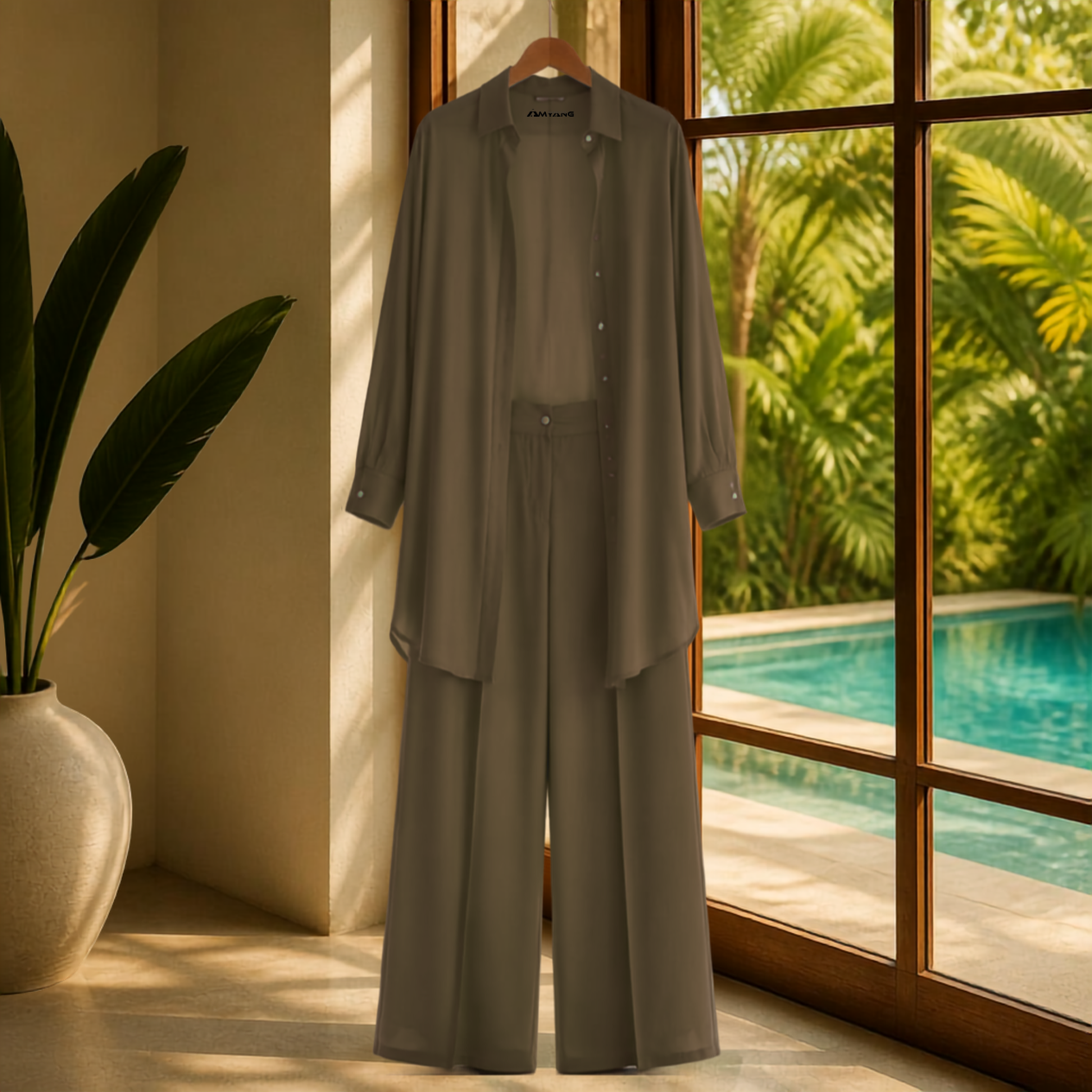 A Soft Elegance Set- Kaftan Top and Pant, showcasing a vibrant matching kaftan set African outfit in a rich cocoa brown. This elegant african-inspired two piece set features a sheer kaftan shirt and stylish pants, highlighting the subtle beauty of women attire. The outfit reflects a modern west african suit styling and embodies the essence of west african fashion, making it a perfect choice for various occasions. Explore the charm of african kaftan styles for ladies with this stunning look.