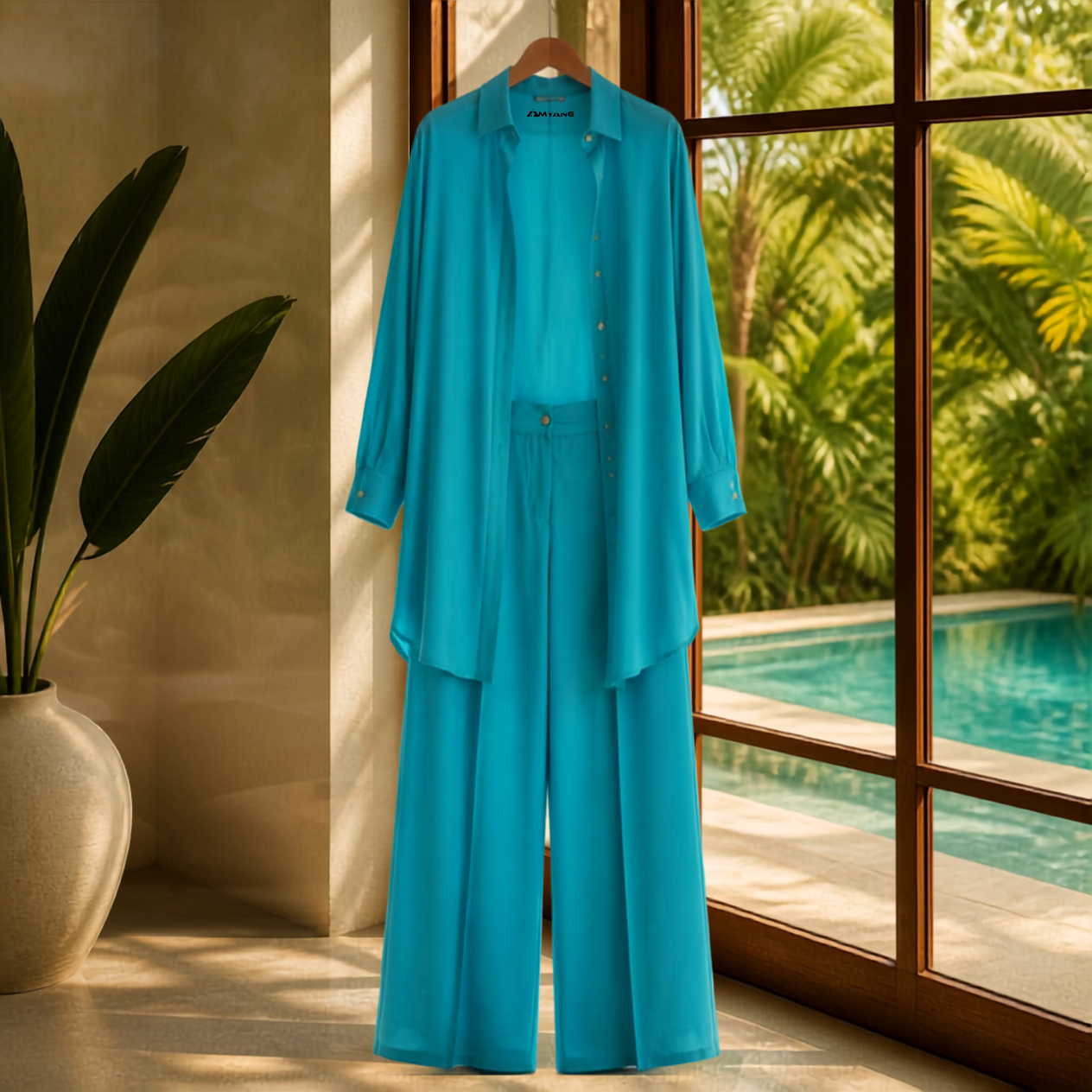 
A Soft Elegance Set- Kaftan Top and Pant, showcasing a vibrant poolside blue matching kaftan set African outfit in poolside. This elegant african-inspired two piece set features a sheer kaftan shirt and stylish pants, highlighting the subtle beauty of women attire. The outfit reflects a modern west african suit styling and embodies the essence of west african fashion, making it a perfect choice for various occasions. Explore the charm of african kaftan styles for ladies with this stunning look.