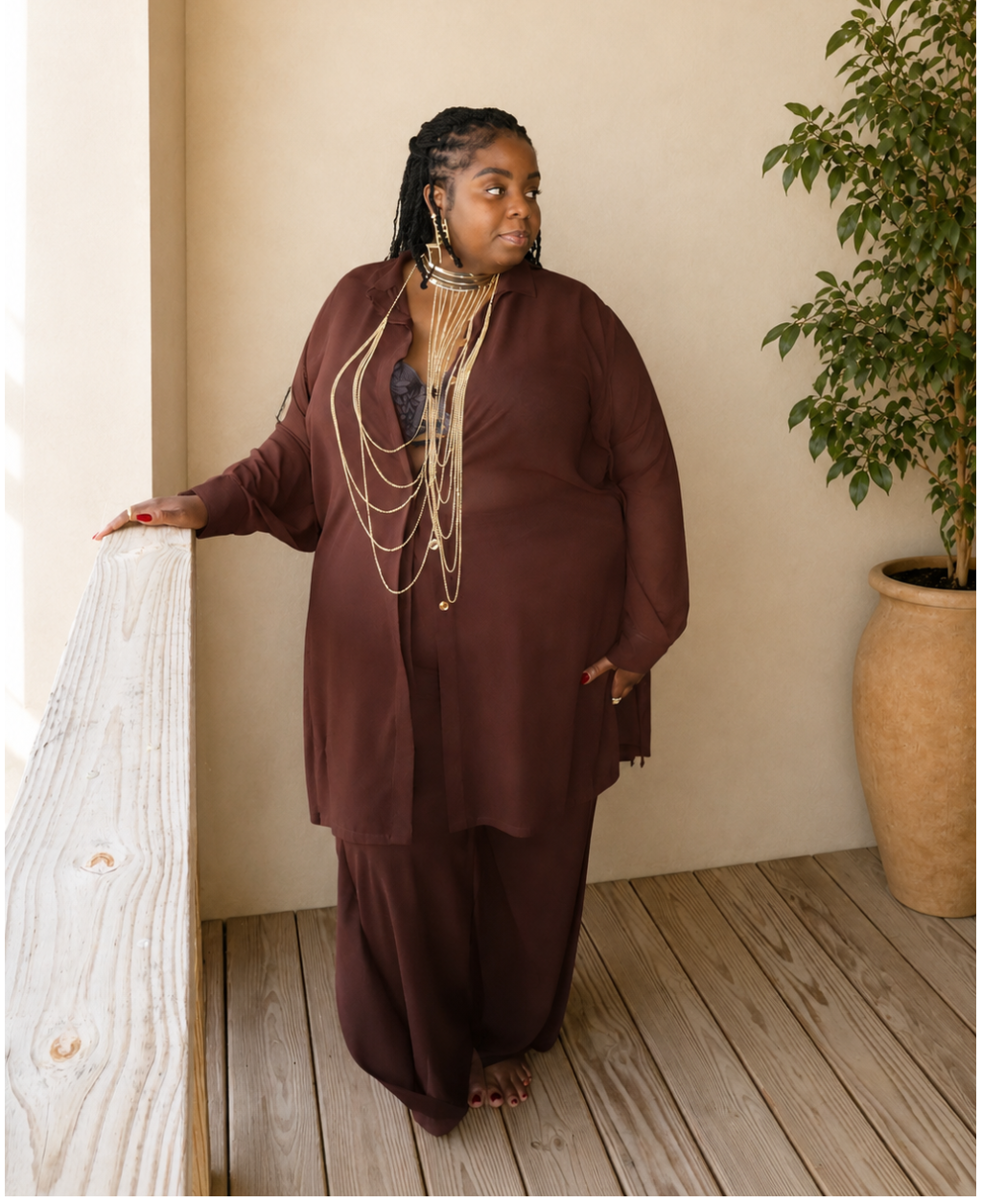 Elegant Matching Kaftan Sheer Blouse Set - Coffee Brown with Pleated Pants with Pockets