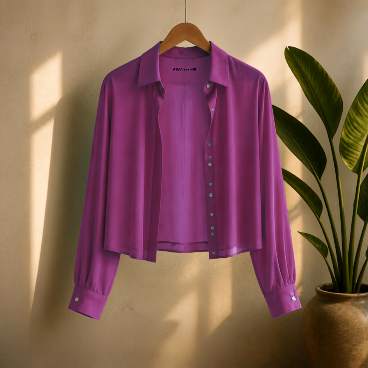 Elegant Matching Classic Sheer Blouse Set - Fuchsia Pink Sheer Blouse & Pleated Pant with Pockets