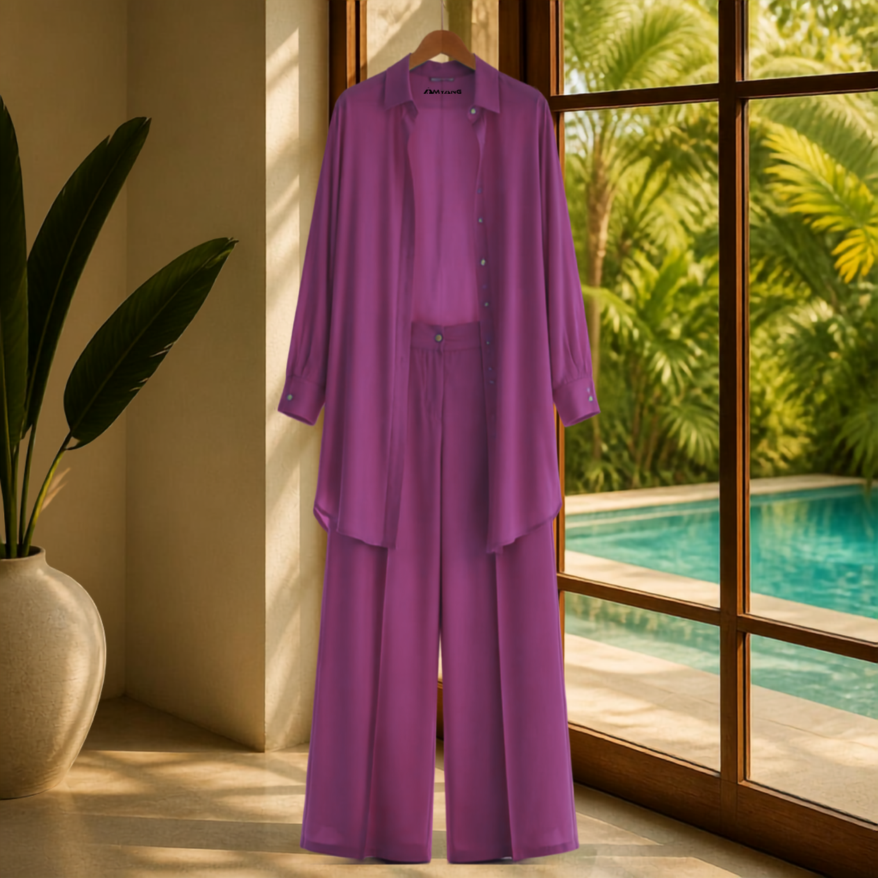 A Soft Elegance Set- Kaftan Top and Pant, showcasing a vibrant matching kaftan set African outfit in fuchsia. This elegant african-inspired two piece set features a sheer kaftan shirt and stylish pants, highlighting the subtle beauty of women attire. The outfit reflects a modern west african suit styling and embodies the essence of west african fashion, making it a perfect choice for various occasions. Explore the charm of african kaftan styles for ladies with this stunning look.