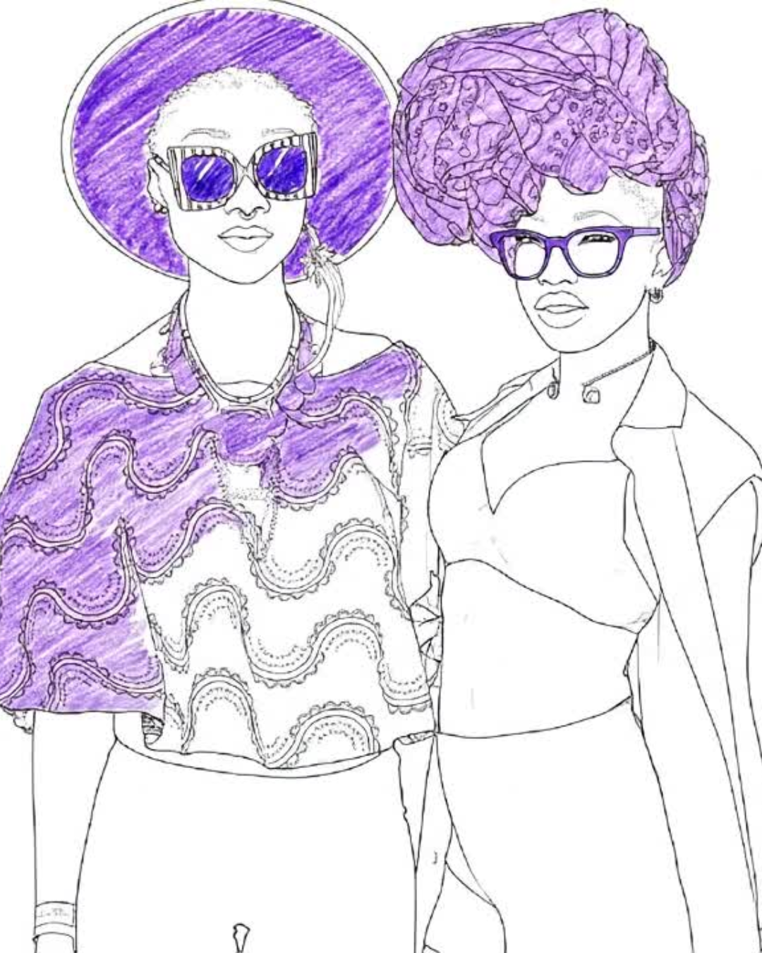 A creatively colored image showing two stylish women inspired by The Vibrations of Amyang Fashun™ A Lifestyle Brand: VOLUME I, part of the MINDSET WORKBOOK SERIES with intentional self-care.