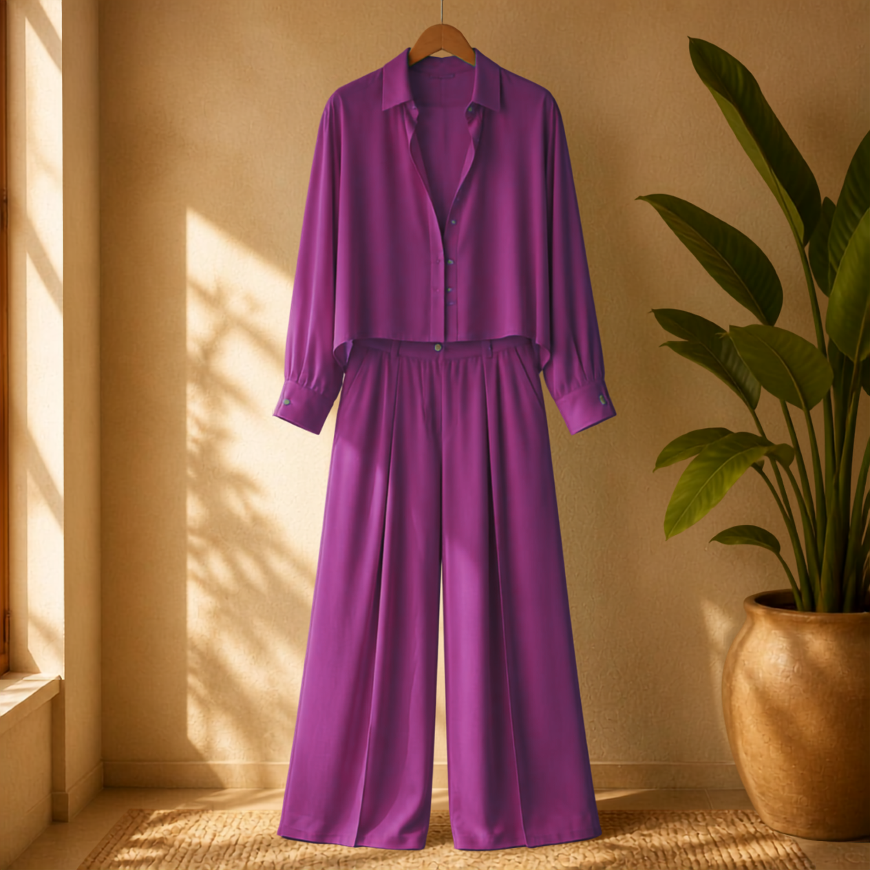 Elegant Matching Classic Sheer Blouse Set - Fuchsia Pink Sheer Blouse & Pleated Pant with Pockets