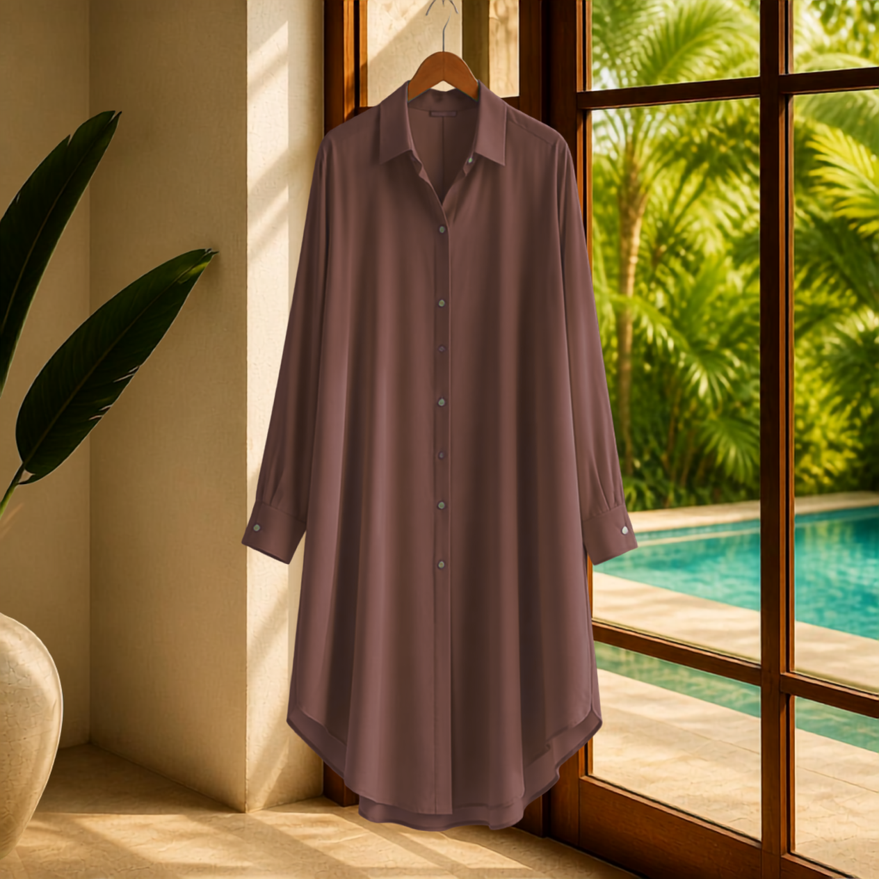 Elegant Matching Classic Sheer Blouse Set - Coffee Brown Sheer Blouse & Pleated Pant with Pockets