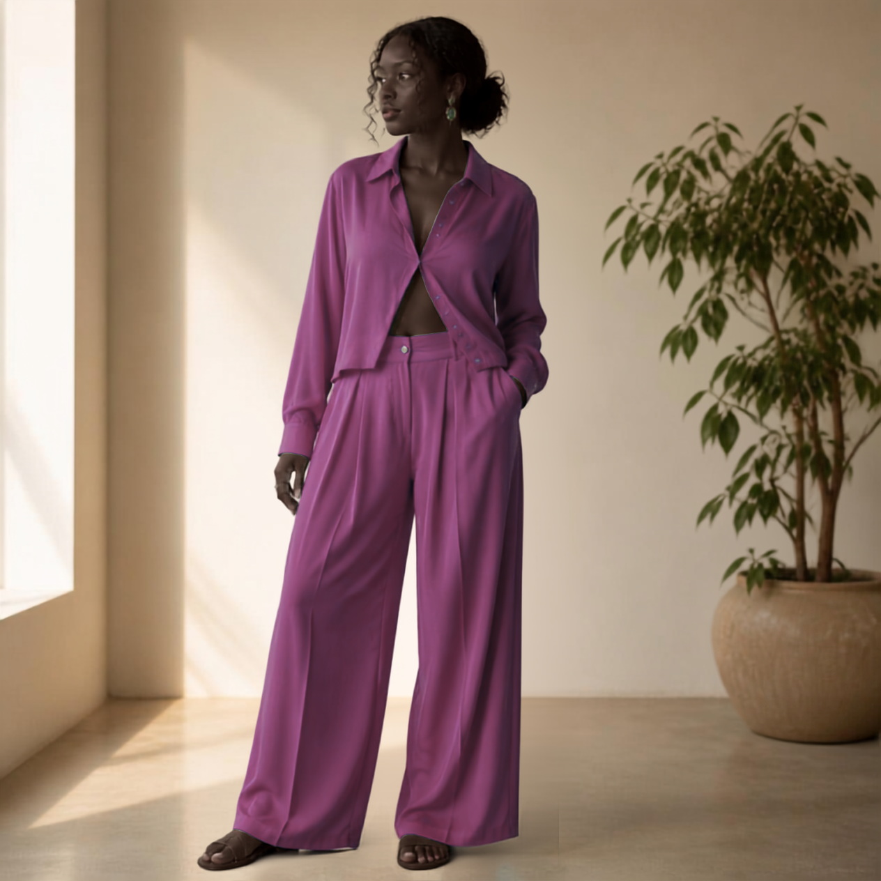 Elegant Matching Classic Sheer Blouse Set - Sheer Blouse & Pleated Pant with Pockets