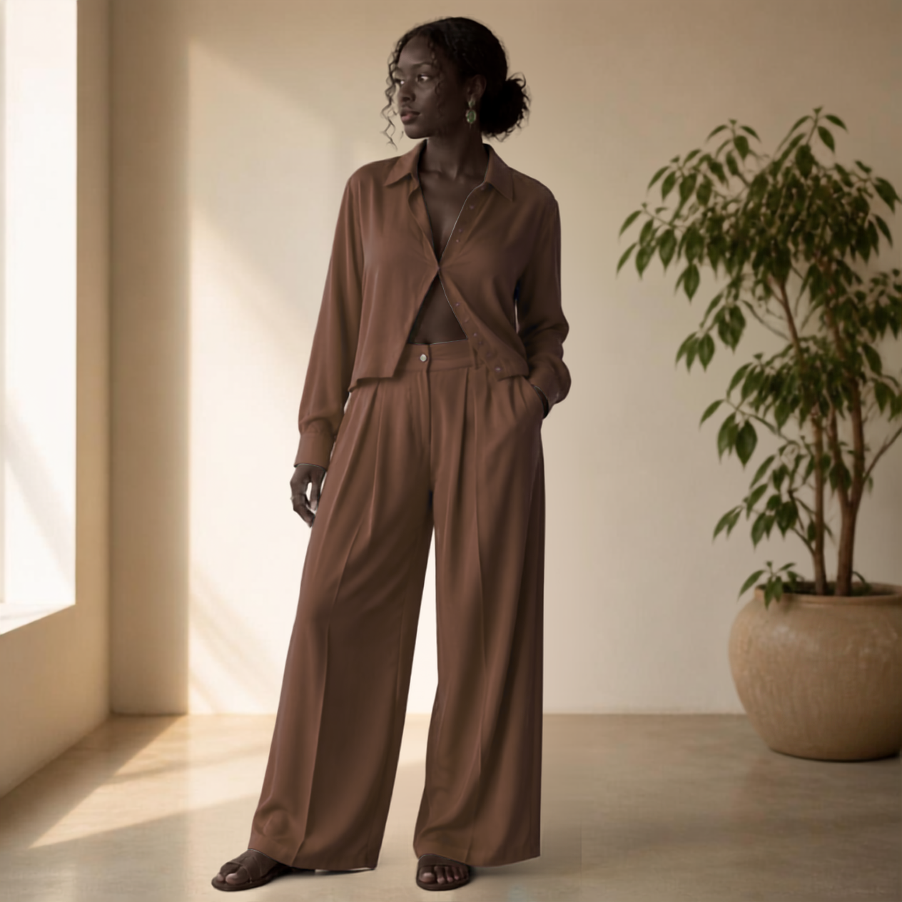 Elegant Matching Classic Sheer Blouse Set - Coffee Brown Sheer Blouse & Pleated Pant with Pockets