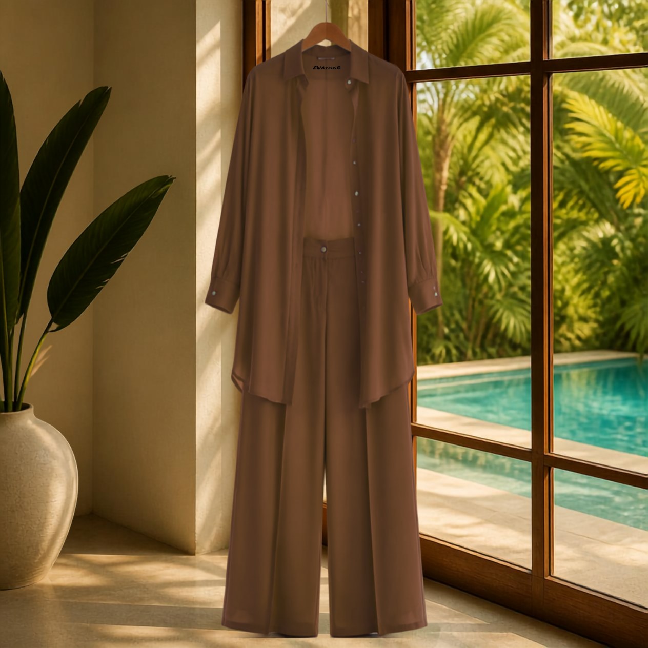 Elegant Matching Kaftan Sheer Blouse Set - Coffee Brown with Pleated Pants with Pockets