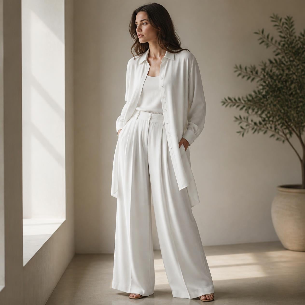 Elegant Matching Kaftan Sheer Blouse Set - White with Pleated Pants with Pockets