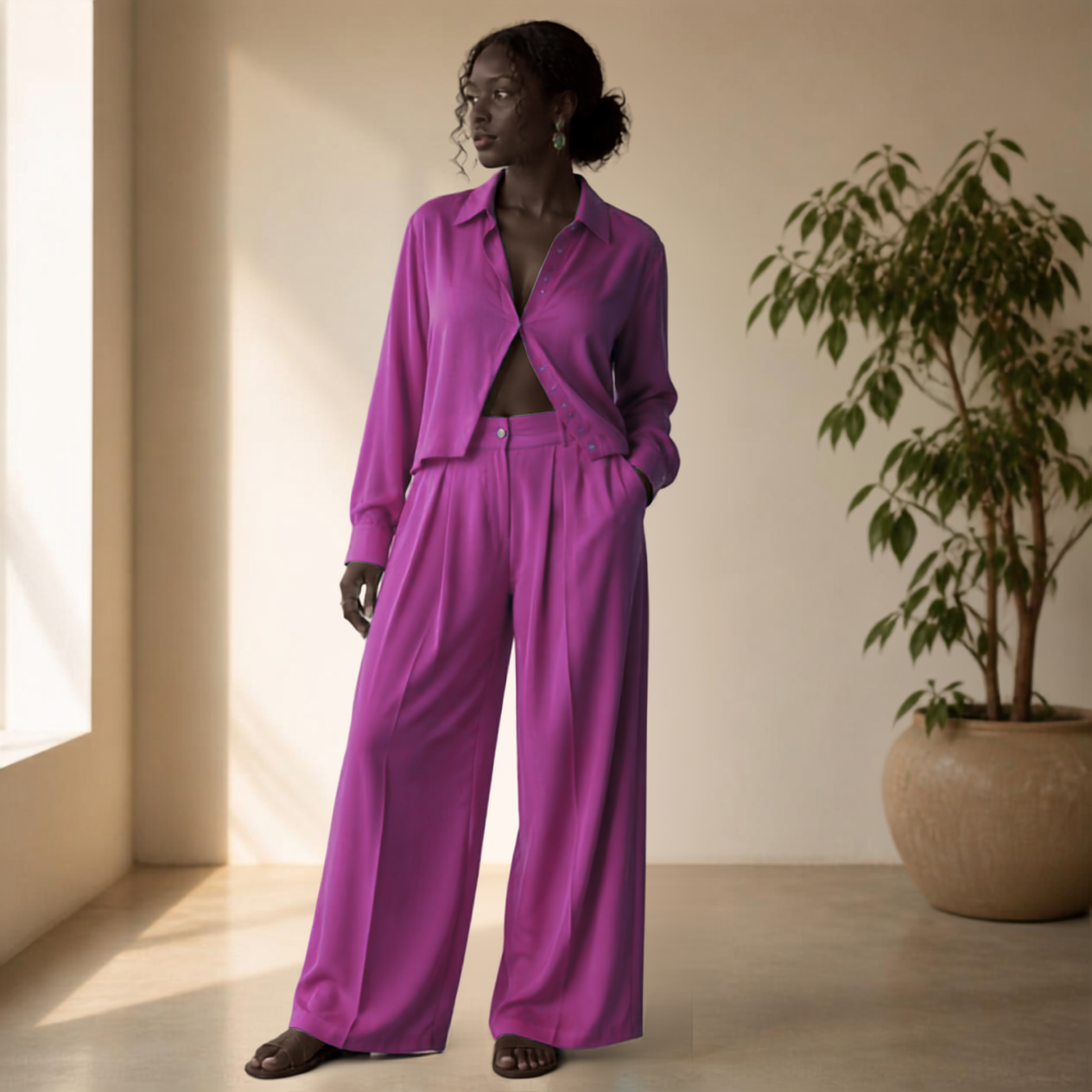 Elegant Matching Classic Sheer Blouse Set - Fuchsia Pink Sheer Blouse & Pleated Pant with Pockets