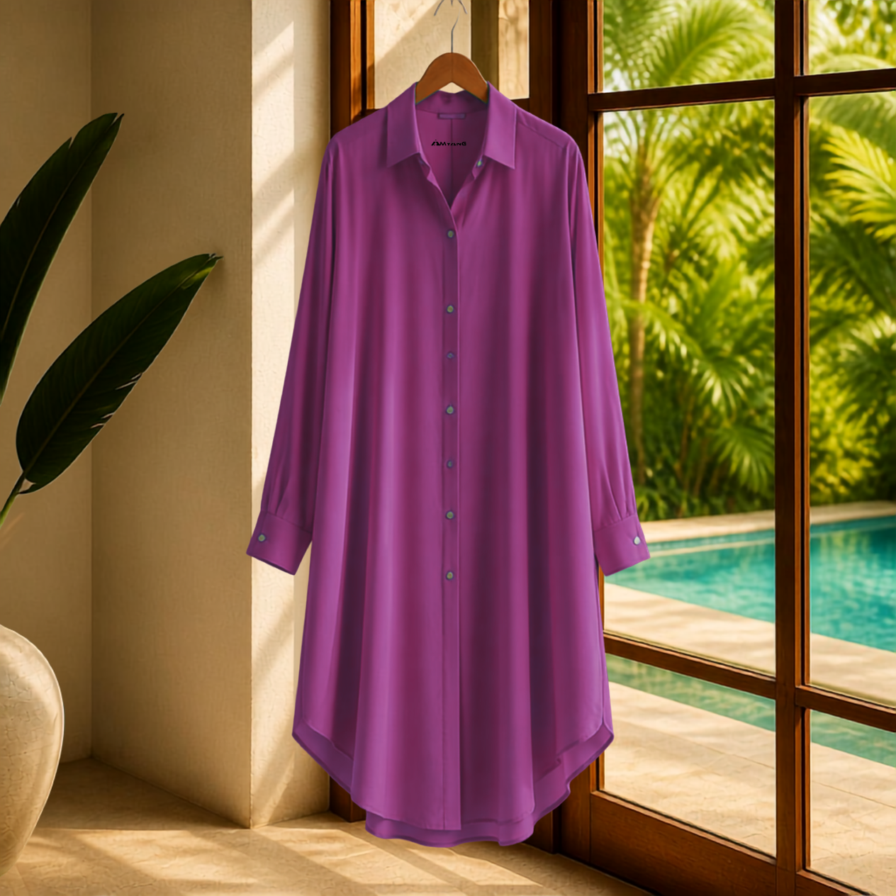 Elegant Matching Kaftan Sheer Blouse Set - Fuchsia Pink with Pleated Pants with Pockets