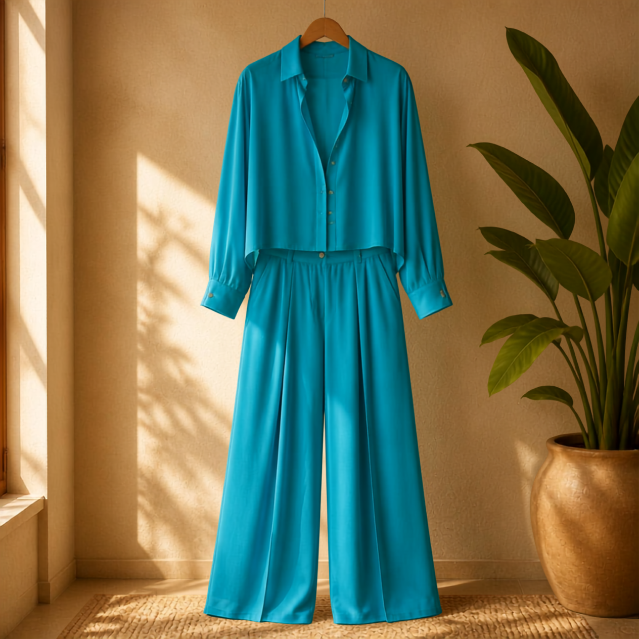 Elegant Matching Classic Sheer Blouse Set - Poolside Blue Sheer Blouse & Pleated Pant with Pockets