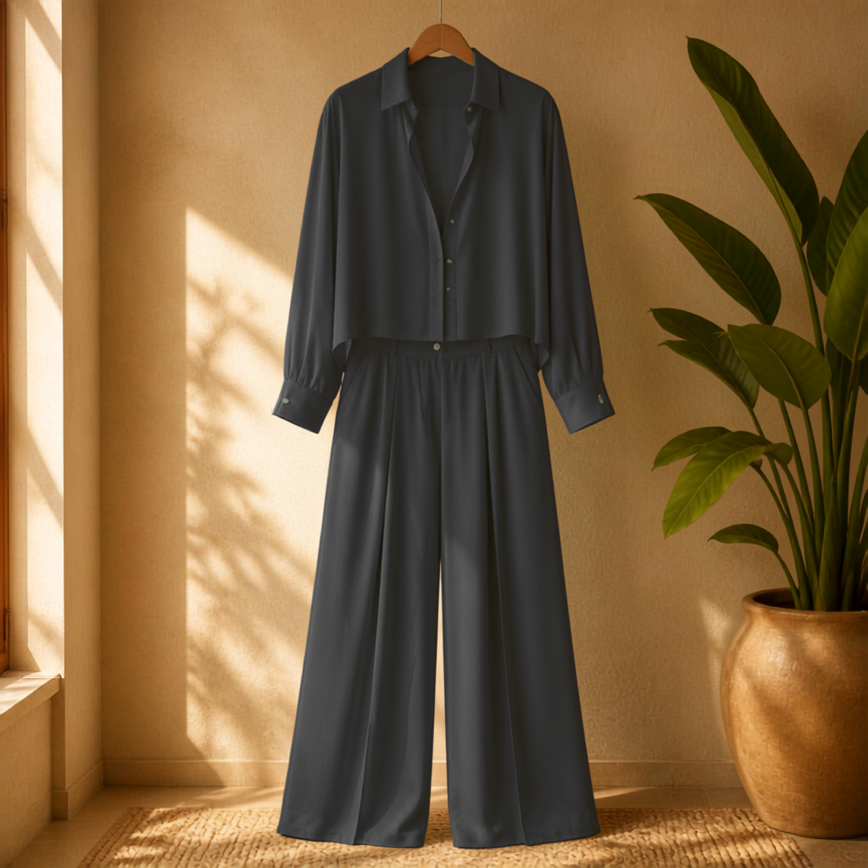 Elegant Matching Classic Sheer Blouse Set - Sheer Blouse & Pleated Pant with Pockets