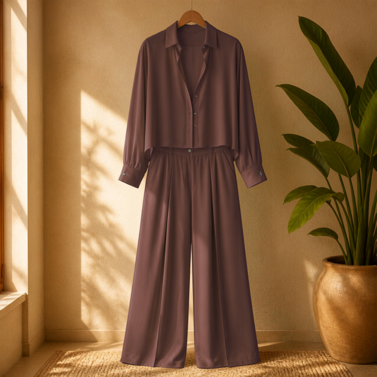 Elegant Matching Classic Sheer Blouse Set - Coffee Brown Sheer Blouse & Pleated Pant with Pockets