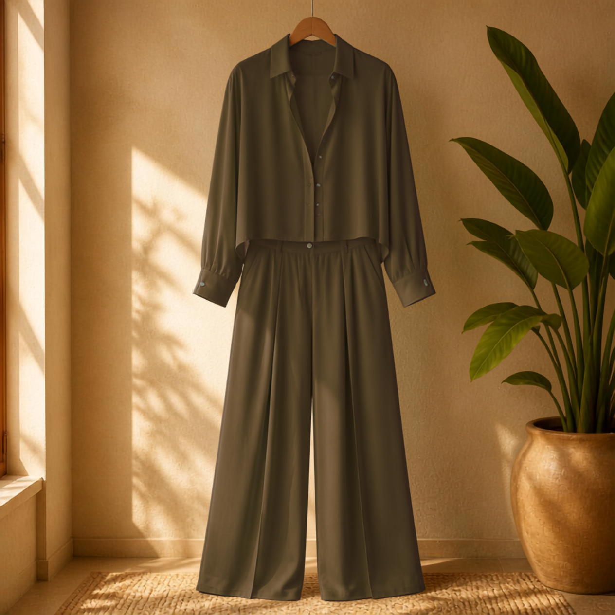 Elegant Matching Classic Sheer Blouse Set - Sheer Blouse & Pleated Pant with Pockets