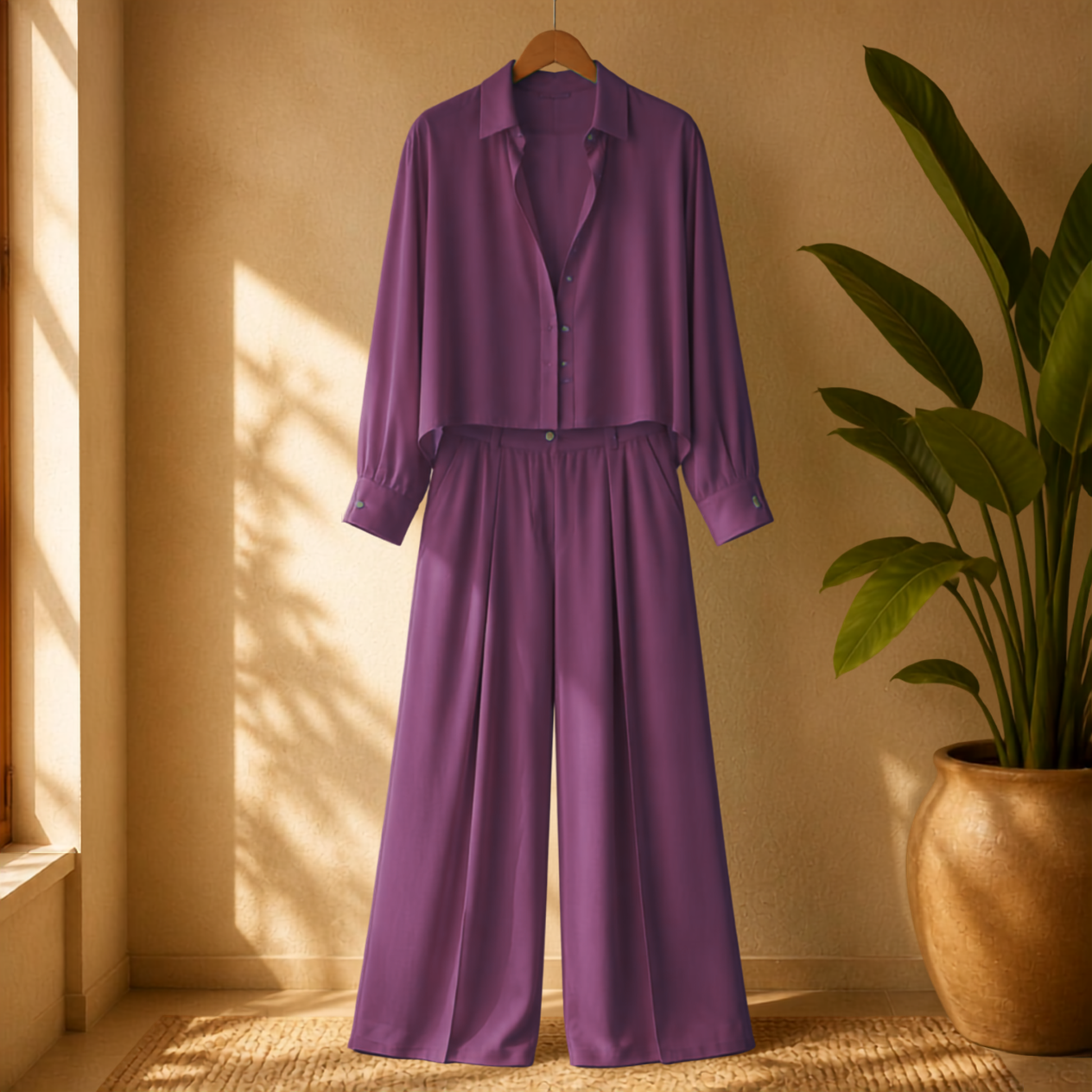 Elegant Matching Classic Sheer Blouse Set - Sheer Blouse & Pleated Pant with Pockets