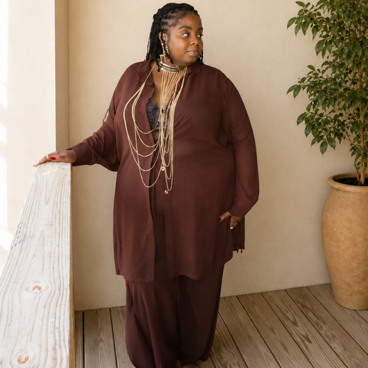 Elegant Matching Kaftan Sheer Blouse Set - Coffee Brown with Pleated Pants with Pockets