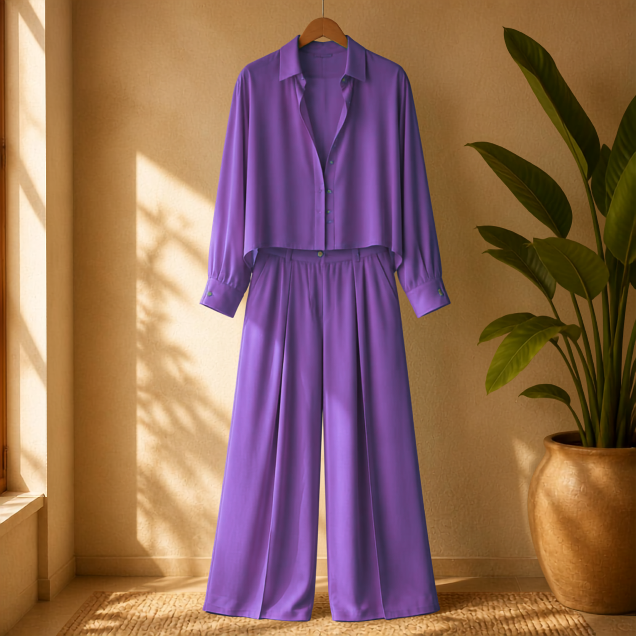 Elegant Matching Classic Sheer Blouse Set - Violet Purple Sheer Blouse & Pleated Pant with Pockets