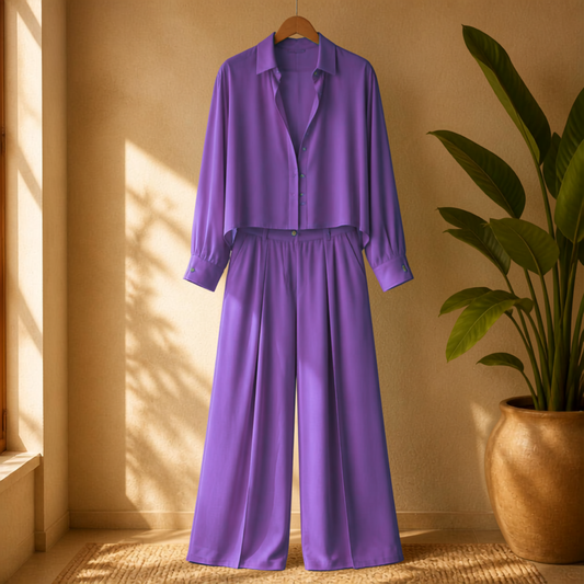 Elegant Matching Classic Sheer Blouse Set - Violet Purple Sheer Blouse & Pleated Pant with Pockets