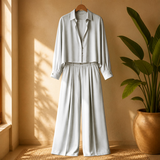 Elegant Matching Classic Sheer Blouse Set - White Sheer Blouse & Pleated Pant with Pockets